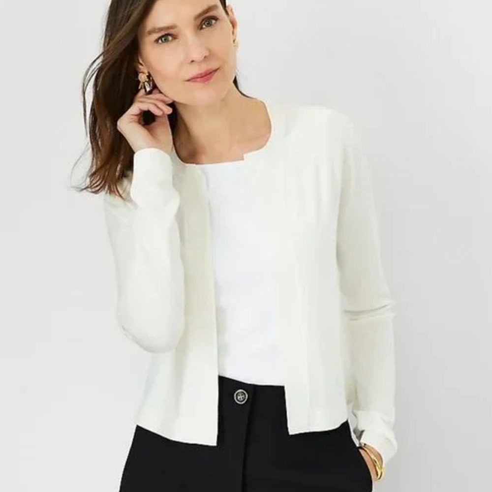 LOFT Winter White Crew Neck Open Sweater Cardigan 3/4 Sleeve M Medium $89 EUC KL